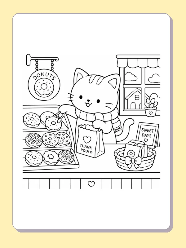 Kitten holding a thank-you bakery bag beside pastries and jars