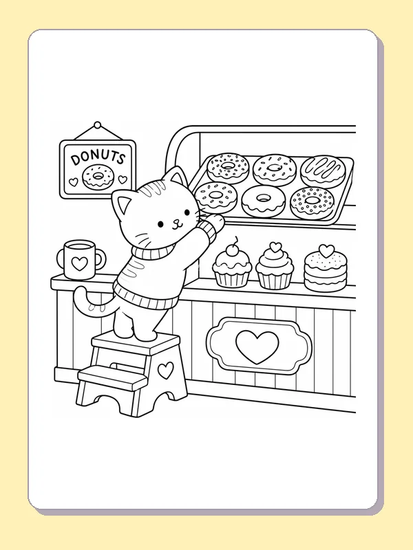 Kitten on a step stool reaching toward the upper pastry shelf