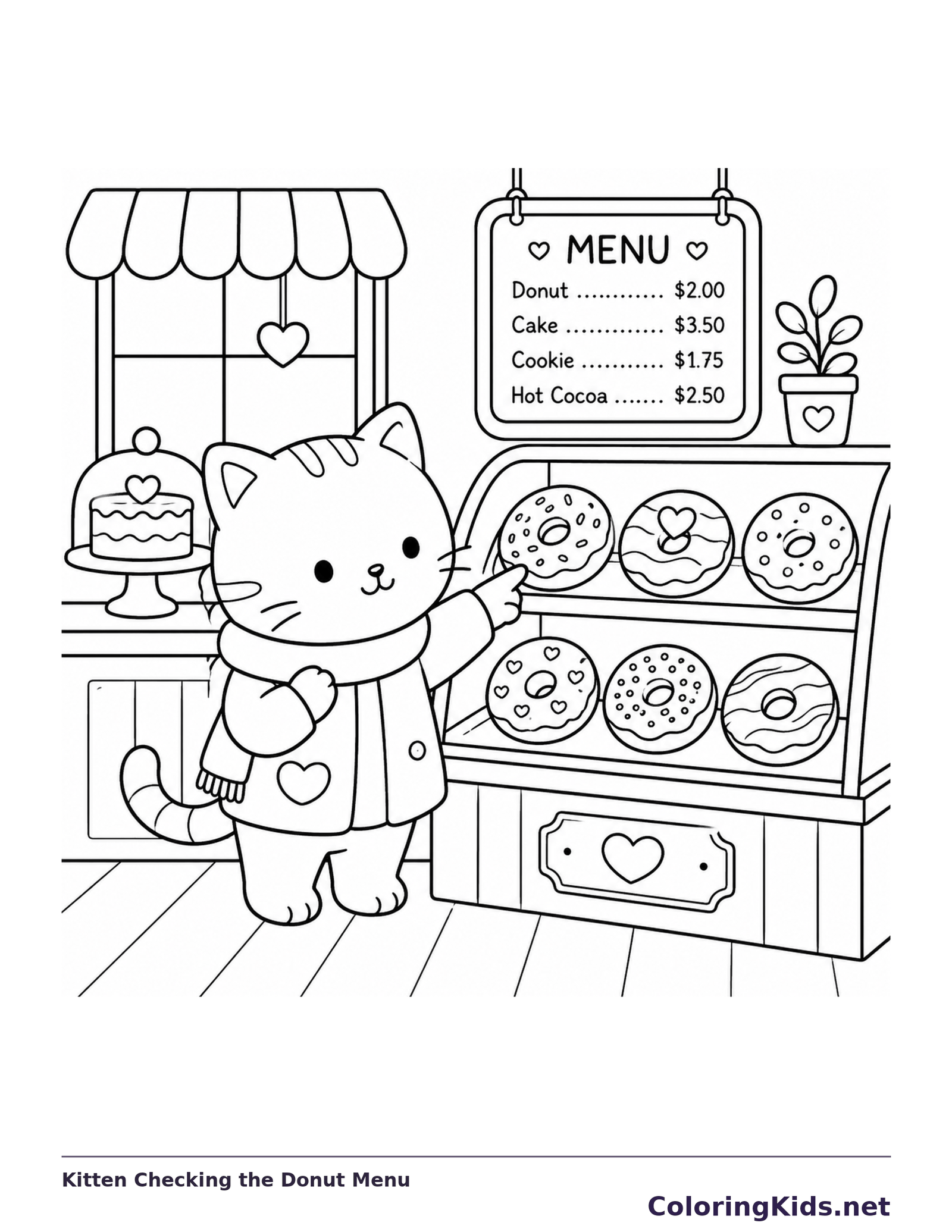 Kitten at a donut display below a menu sign