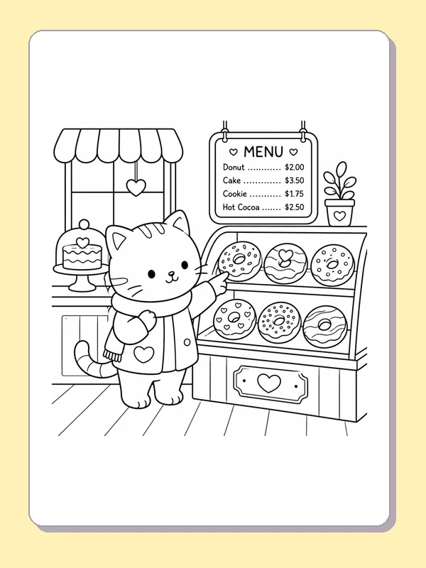 Kitten at a donut display below a menu sign