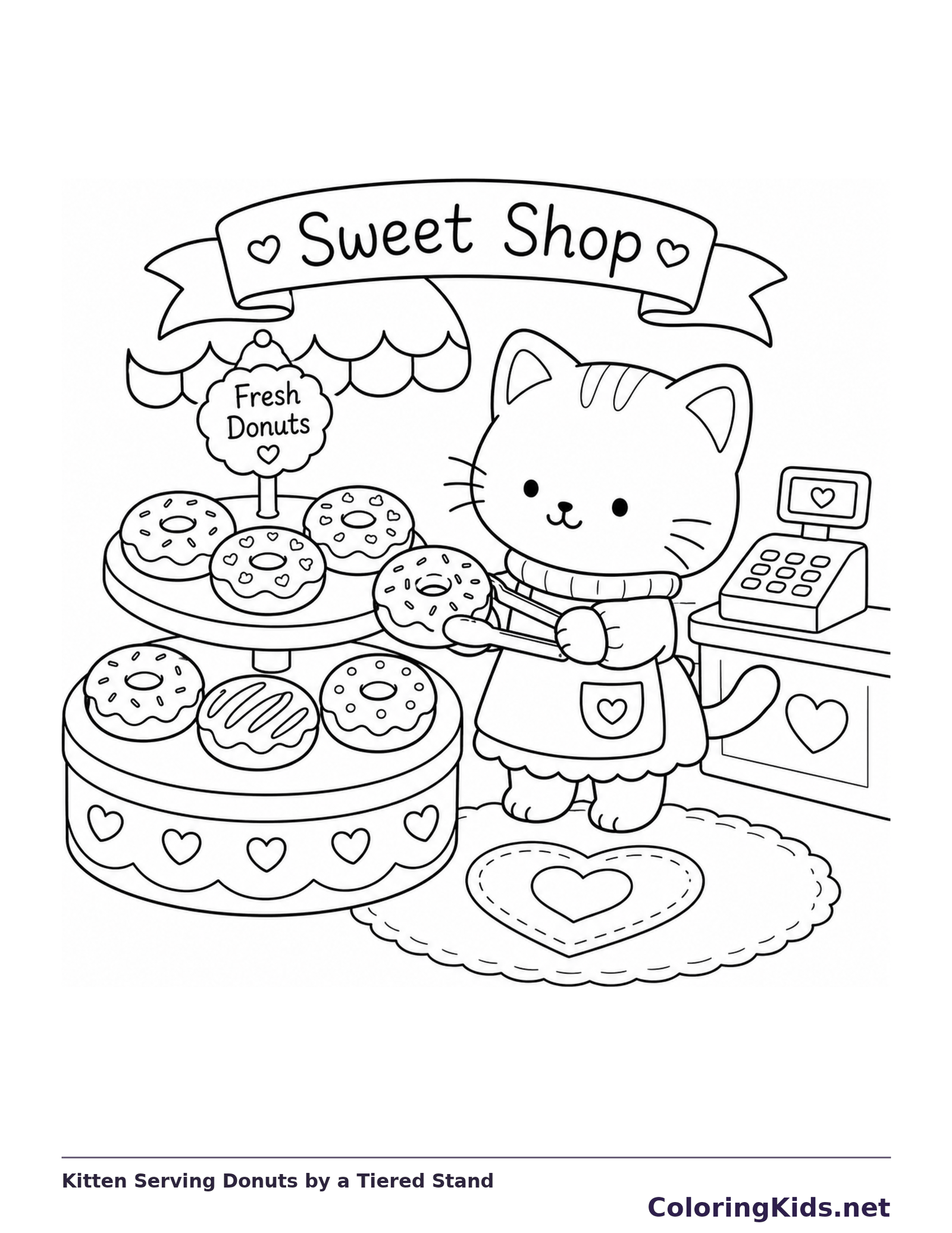 Kitten serving a donut beside a tiered stand of pastries