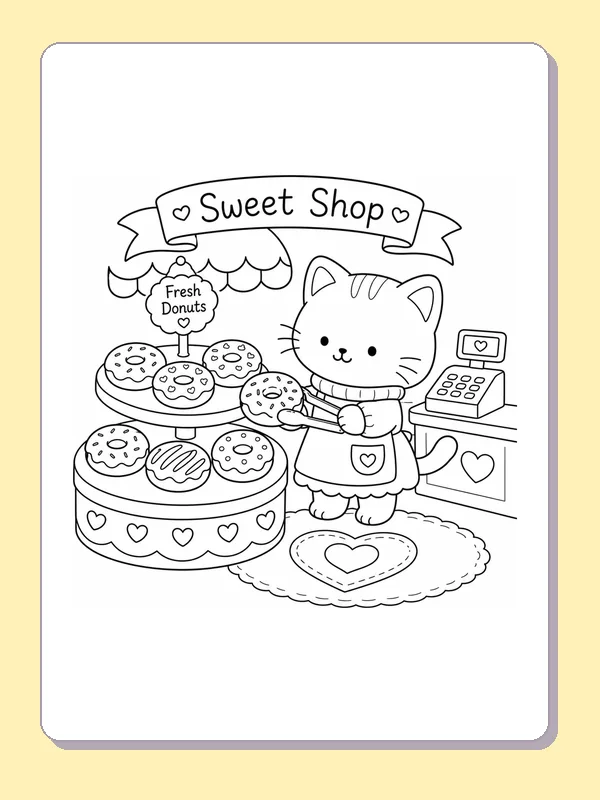 Kitten serving a donut beside a tiered stand of pastries