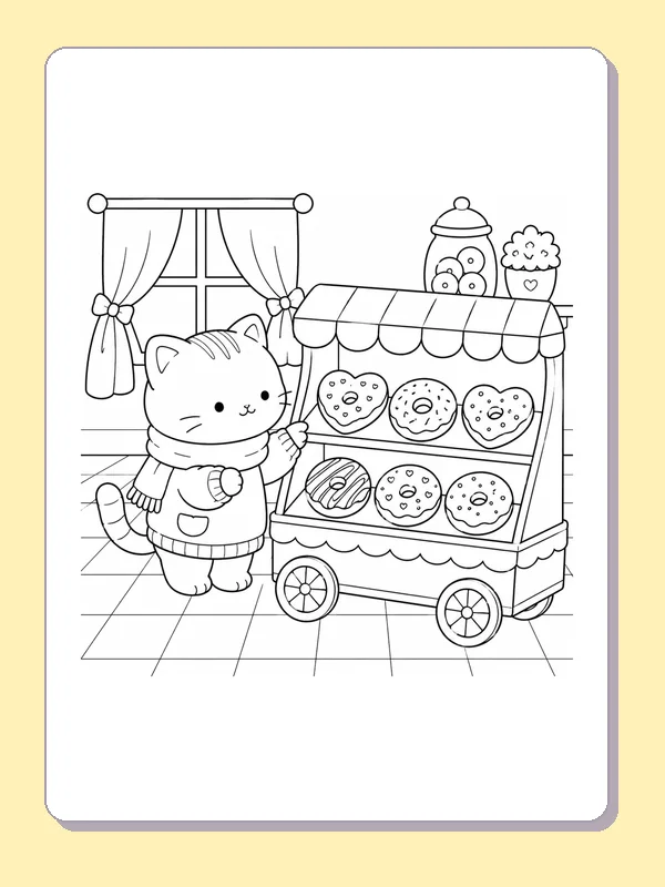 Aproned kitten beside a wheeled donut cart under a striped awning
