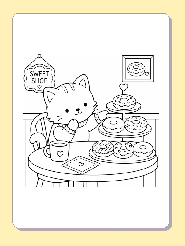 Kitten at a round table with a tea cup and plate of donuts