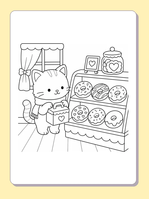Kitten holding a tied donut box near a pastry case