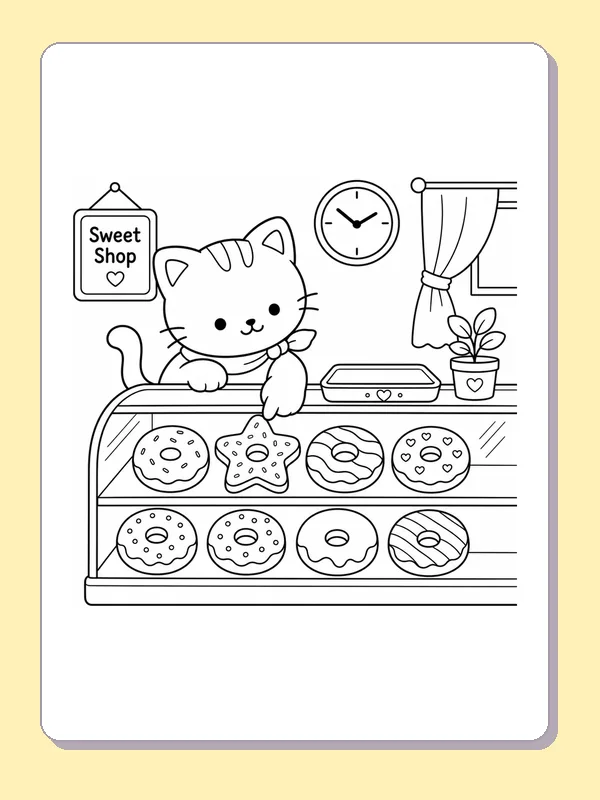 Kitten behind a pastry case with a flat counter device and clock