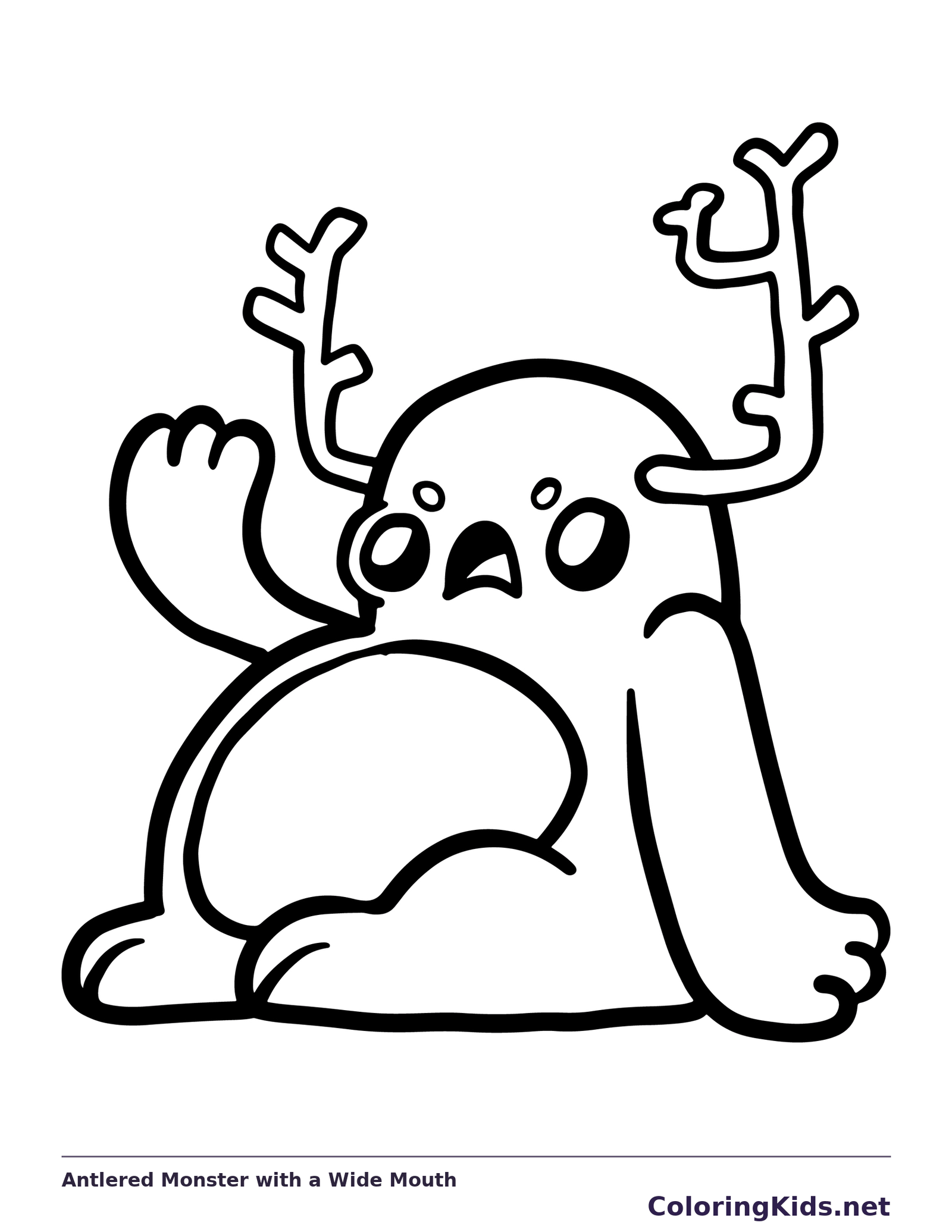 Black-and-white printable antlered monster with a wide mouth coloring sheet