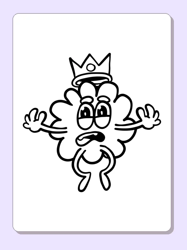 Black-and-white printable crowned monster with four eyes coloring sheet