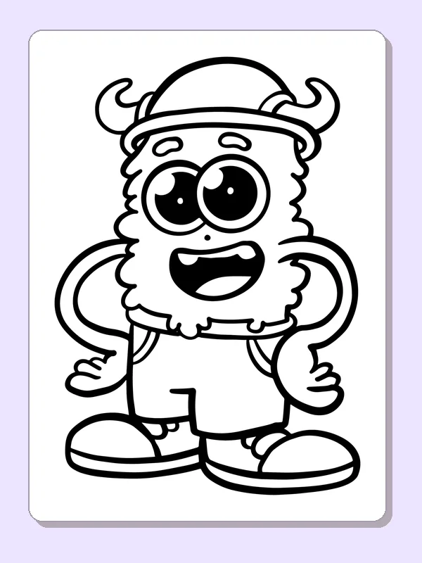 Black-and-white printable furry monster wearing a horned hat coloring sheet