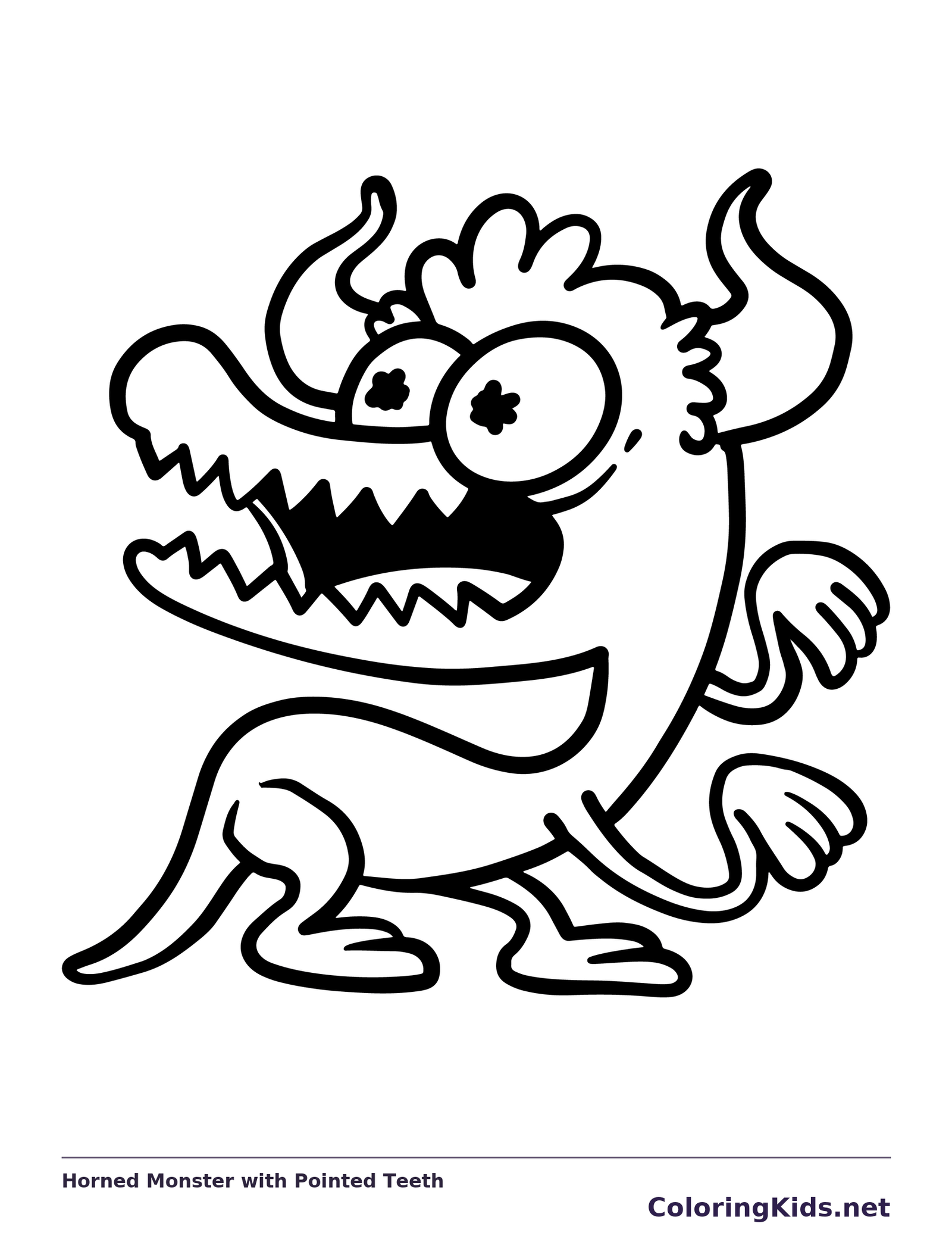 Black-and-white printable horned monster with pointed teeth coloring sheet