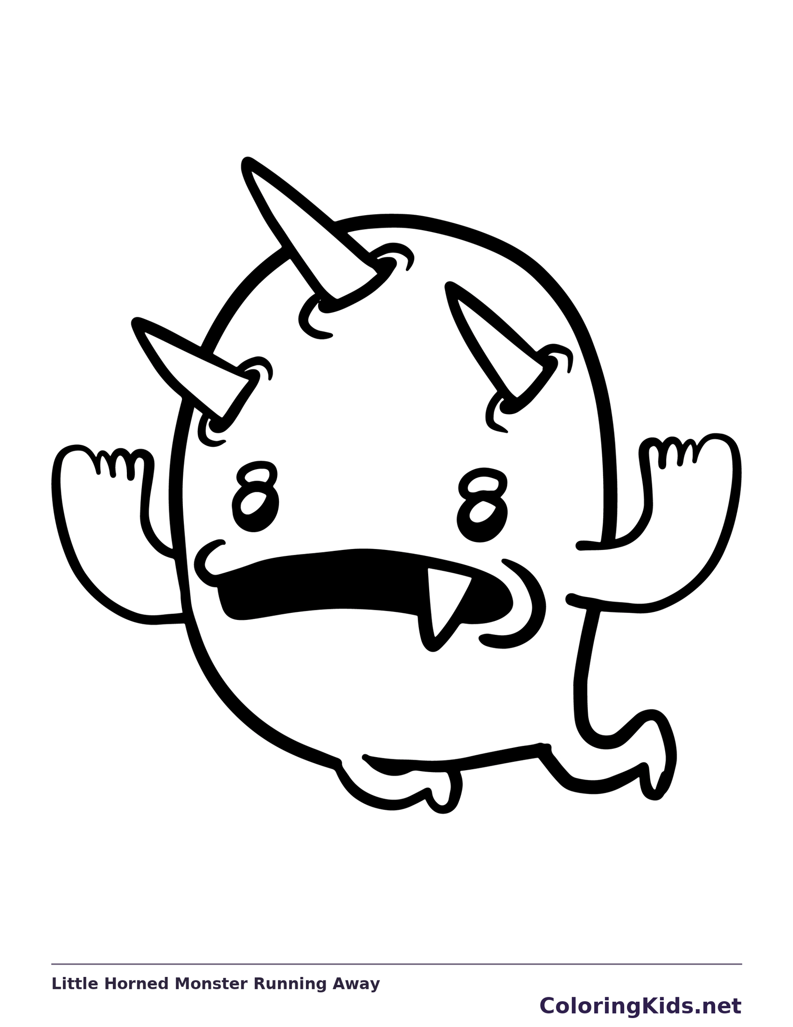 Black-and-white printable little horned monster running away coloring sheet