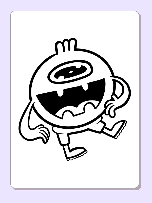Black-and-white printable round monster running with a big smile coloring sheet