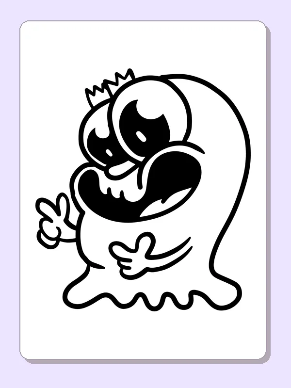 Black-and-white printable round monster with a crown coloring sheet