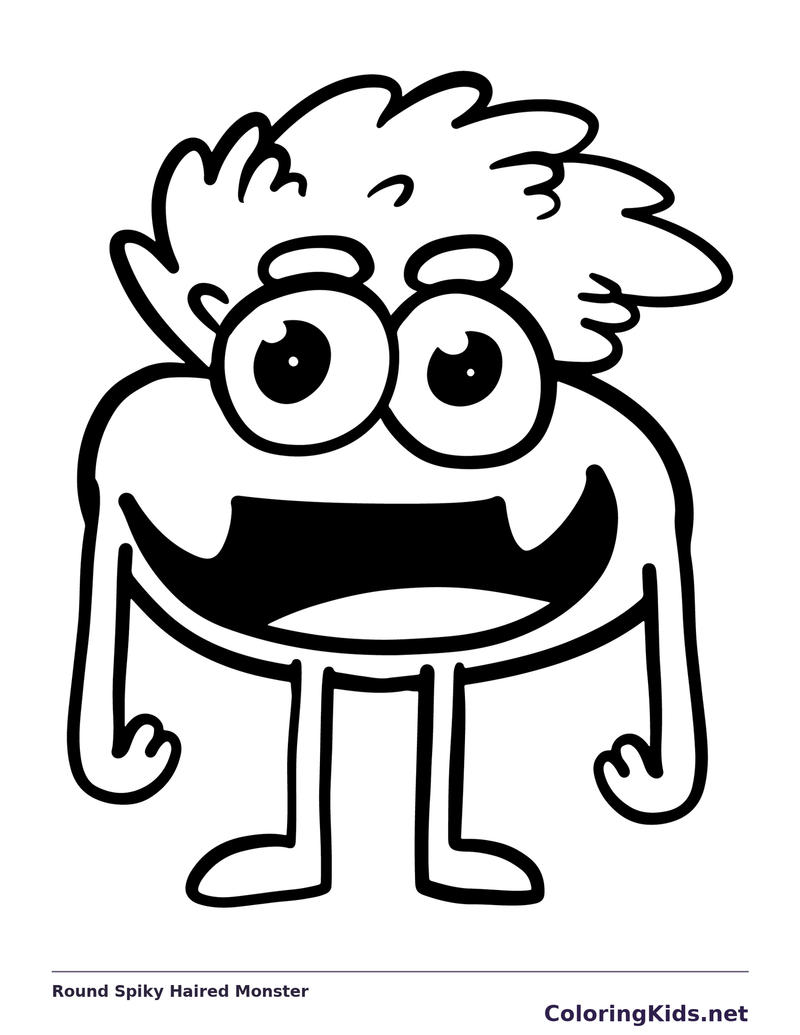 Black-and-white printable round spiky haired monster coloring sheet