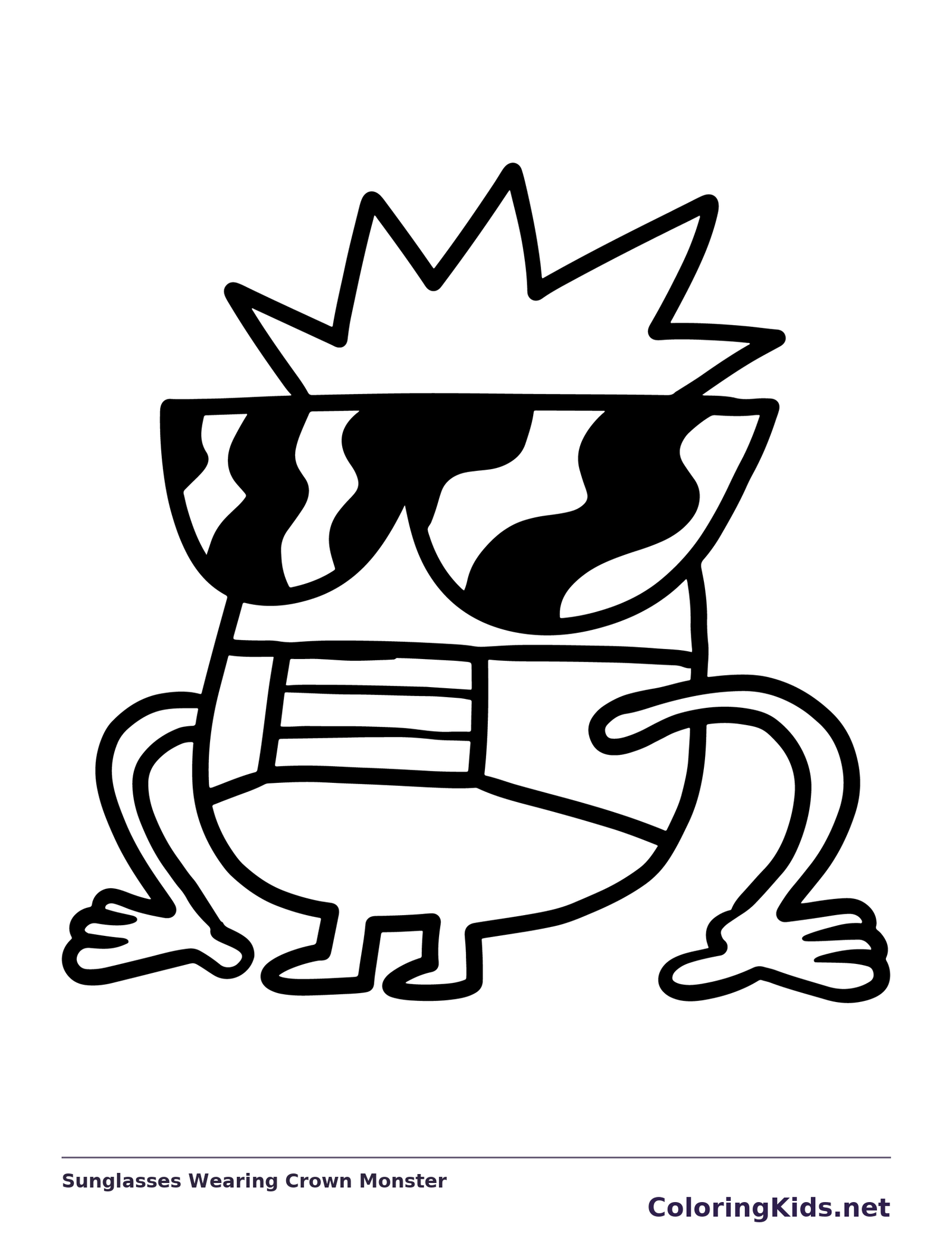 Black-and-white printable sunglasses wearing crown monster coloring sheet