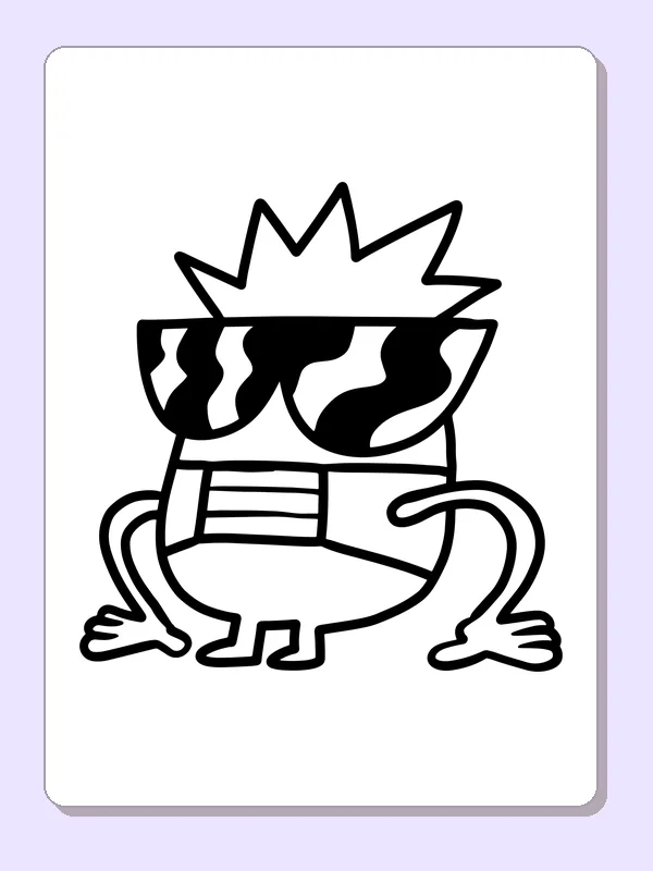Black-and-white printable sunglasses wearing crown monster coloring sheet