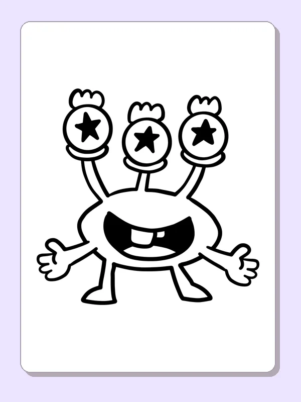 Black-and-white printable three-eyed monster with star antennae coloring sheet