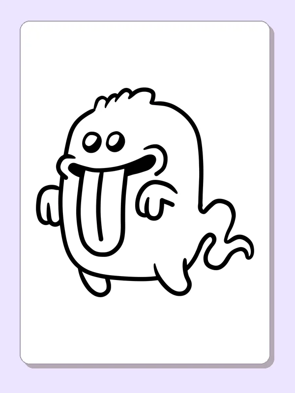 Black-and-white printable tongue-out round monster coloring sheet