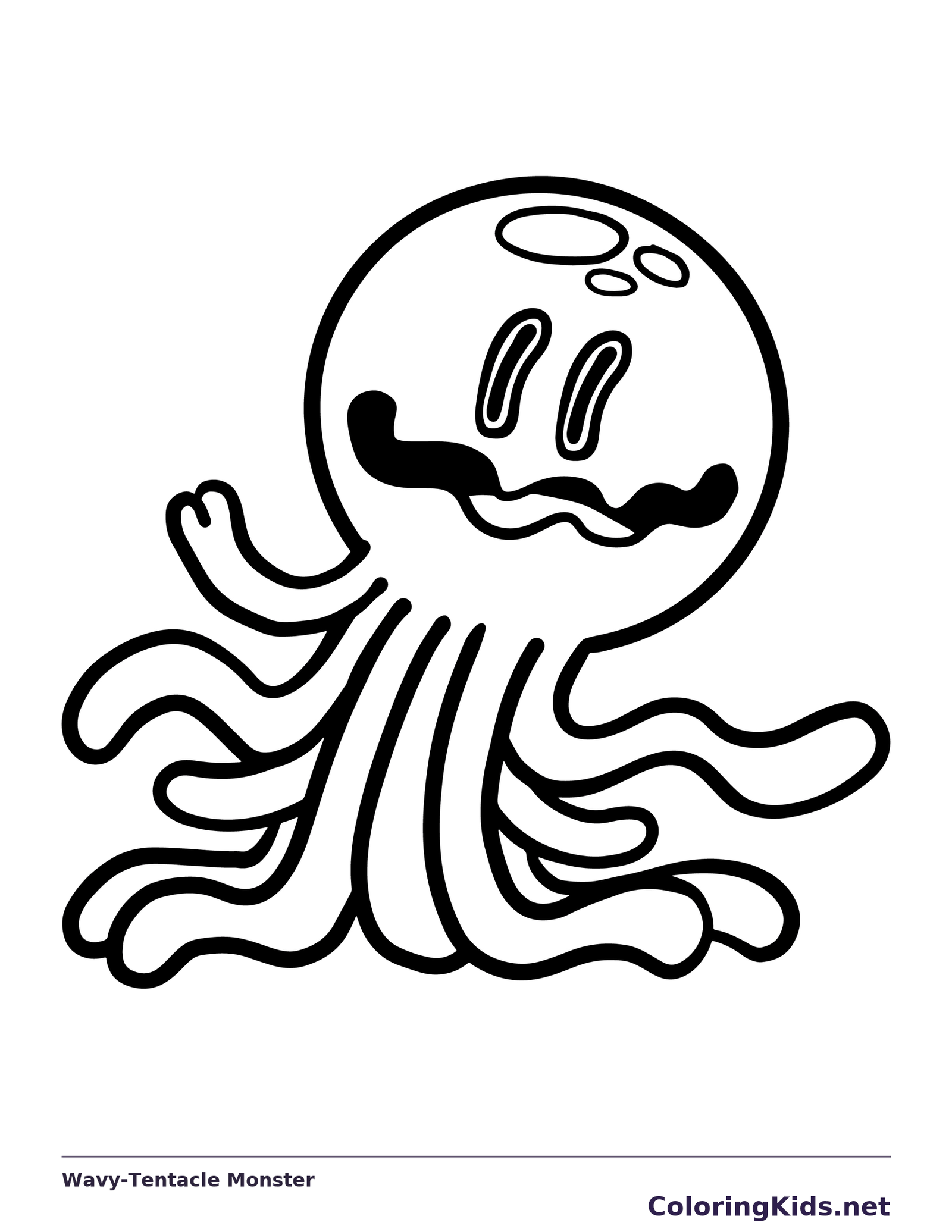 Black-and-white printable wavy-tentacle monster coloring sheet