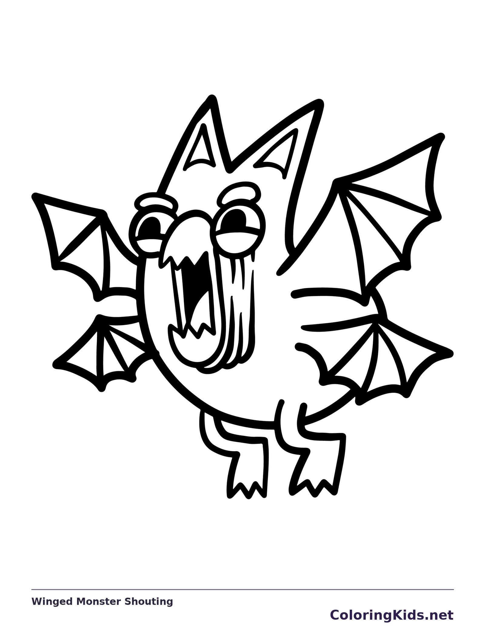 Black-and-white printable winged monster shouting coloring sheet