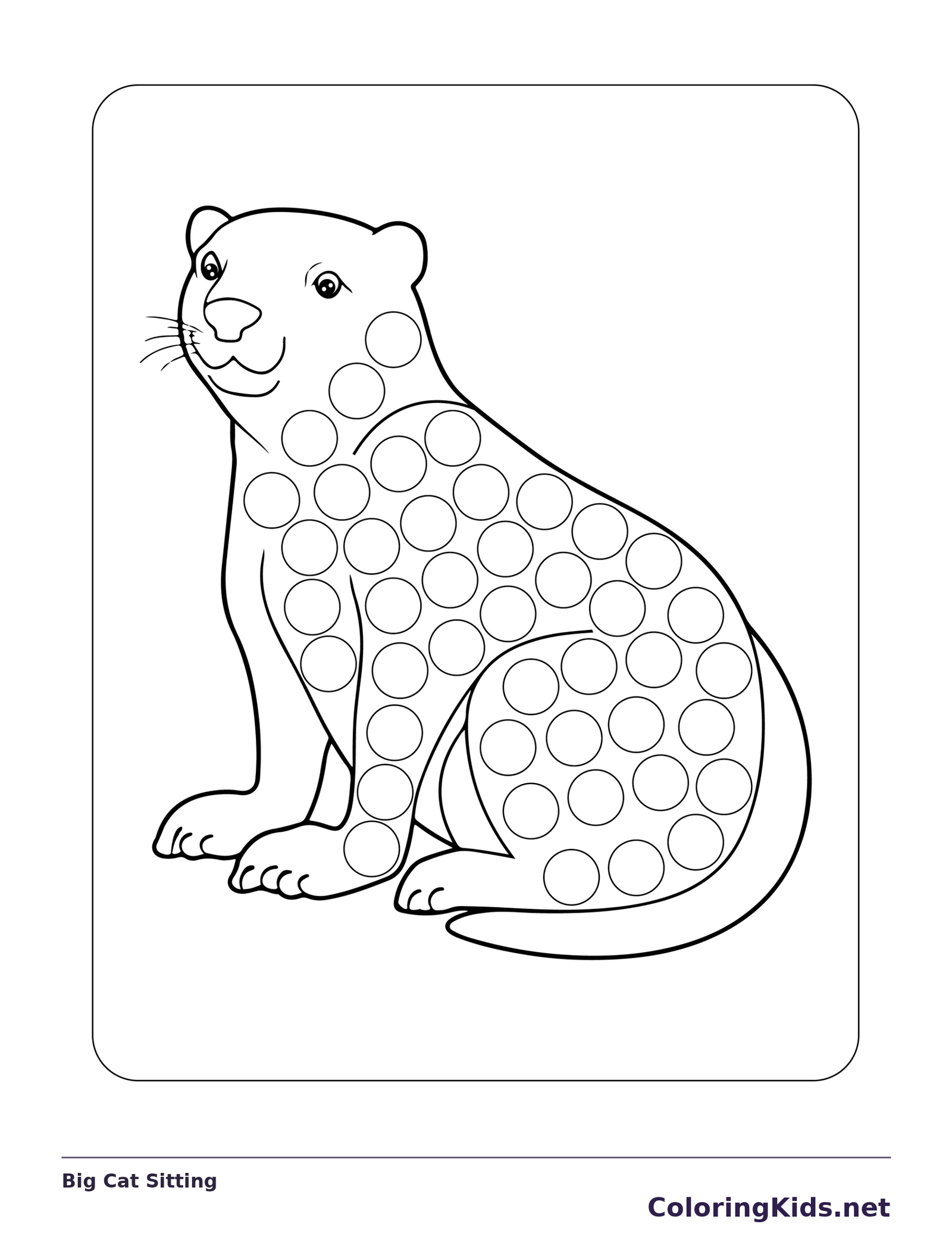 Big Cat Sitting dot marker coloring page with printable circles