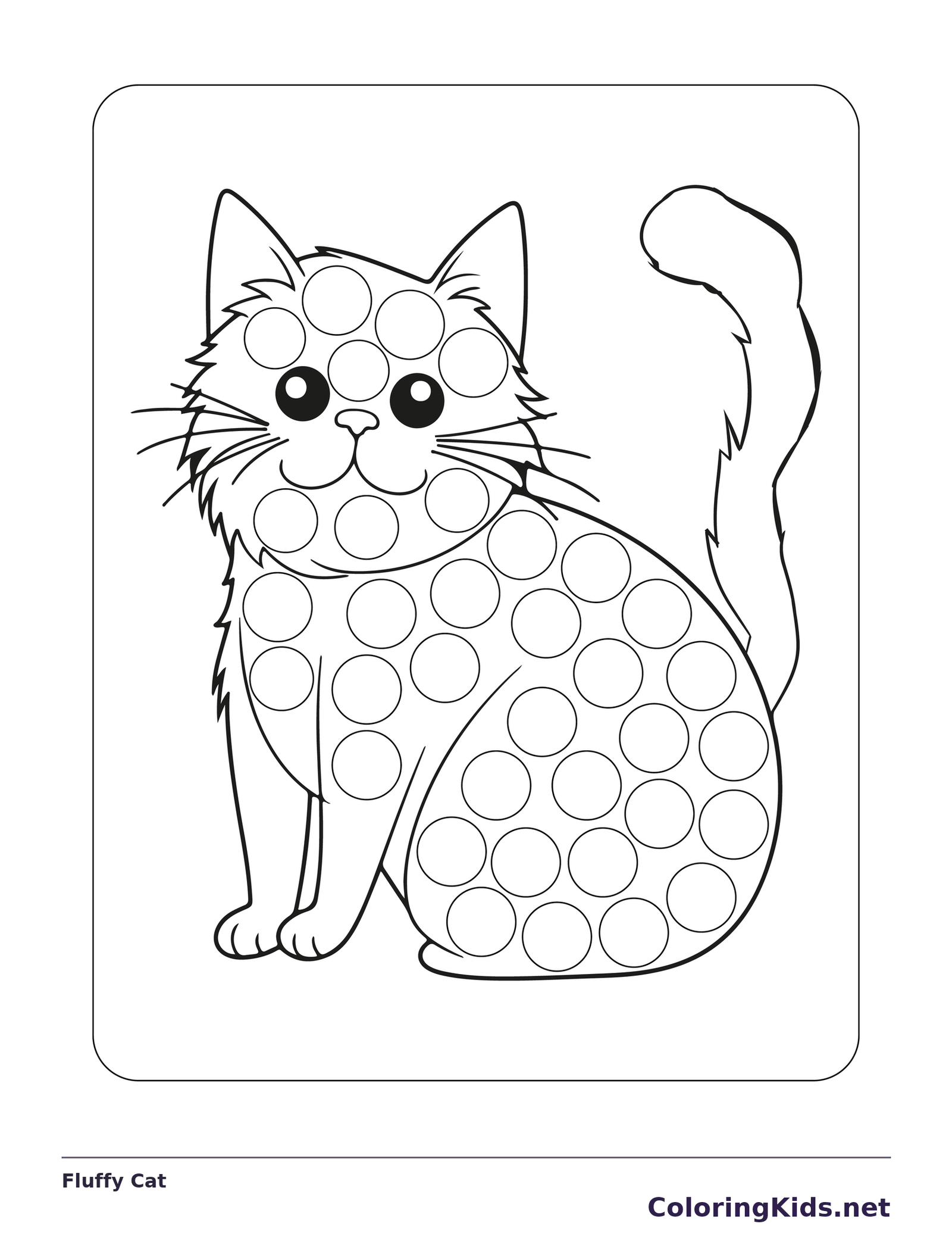 Fluffy Cat dot marker coloring page with printable circles