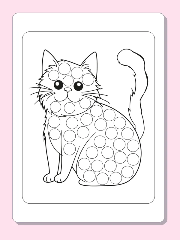 Fluffy Cat dot marker coloring page with printable circles