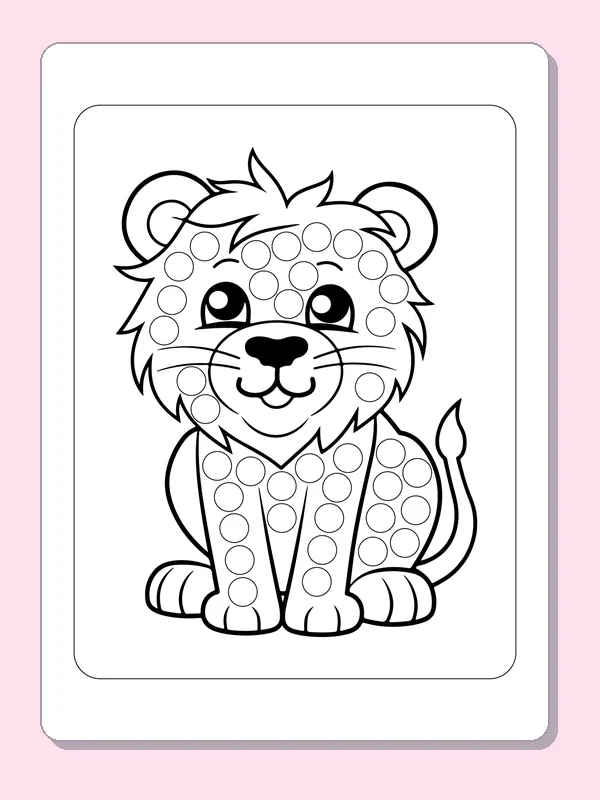 Sitting Lion Cub dot marker coloring page with printable circles