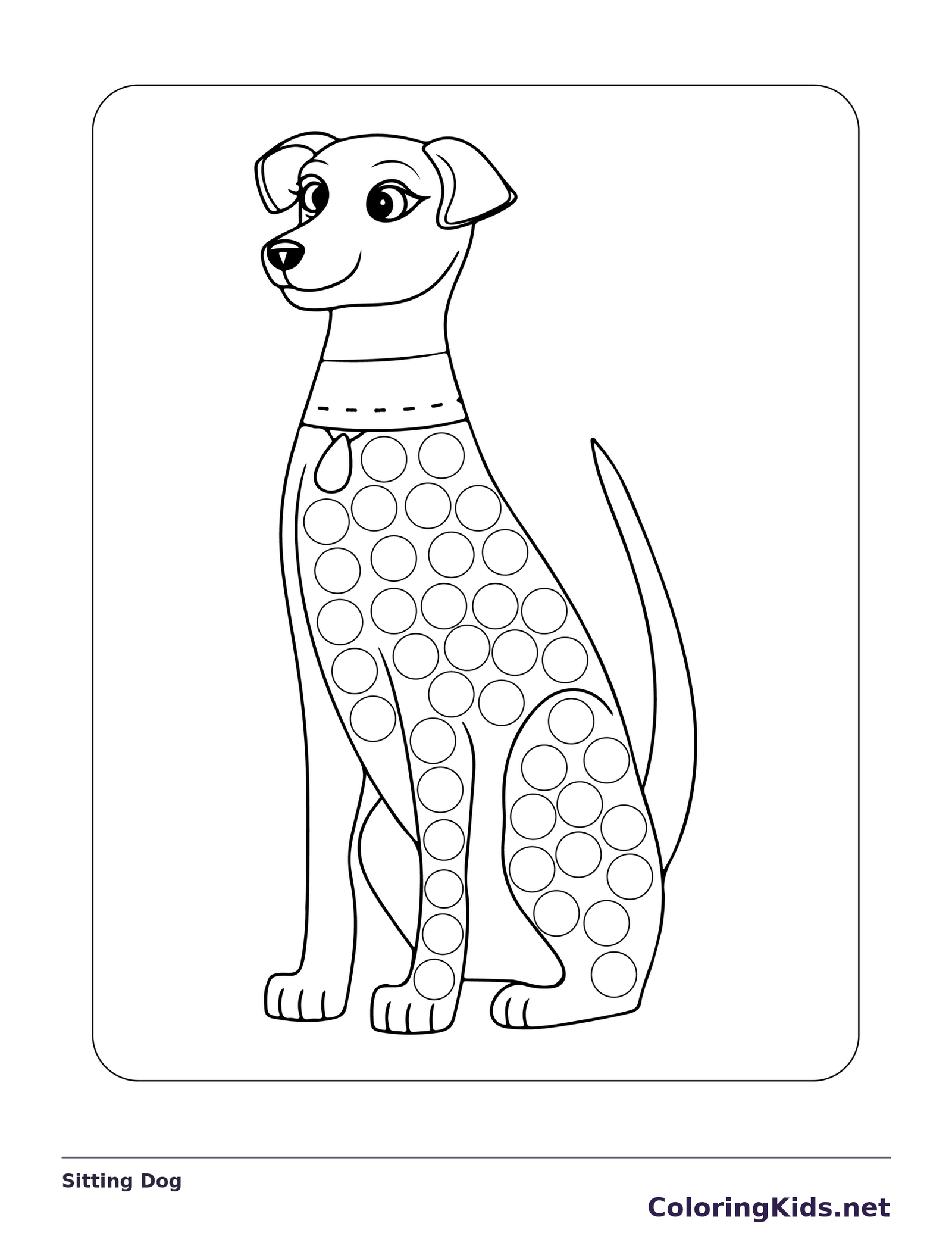 Sitting Dog dot marker coloring page with printable circles