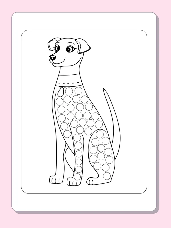 Sitting Dog dot marker coloring page with printable circles