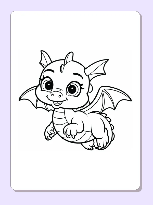 Big-eyed dragon floating with open wings against blank sky, black-and-white line art