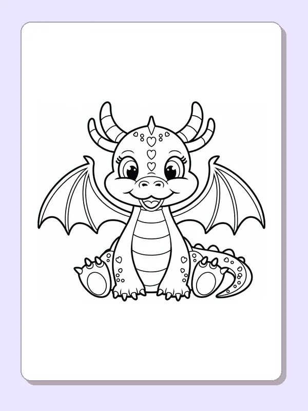 Front-facing dragon with tiny hearts on forehead and open wings, black-and-white line art