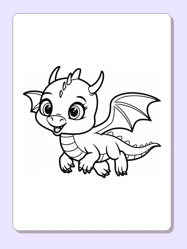Baby dragon flying in open sky without clouds, black-and-white line art