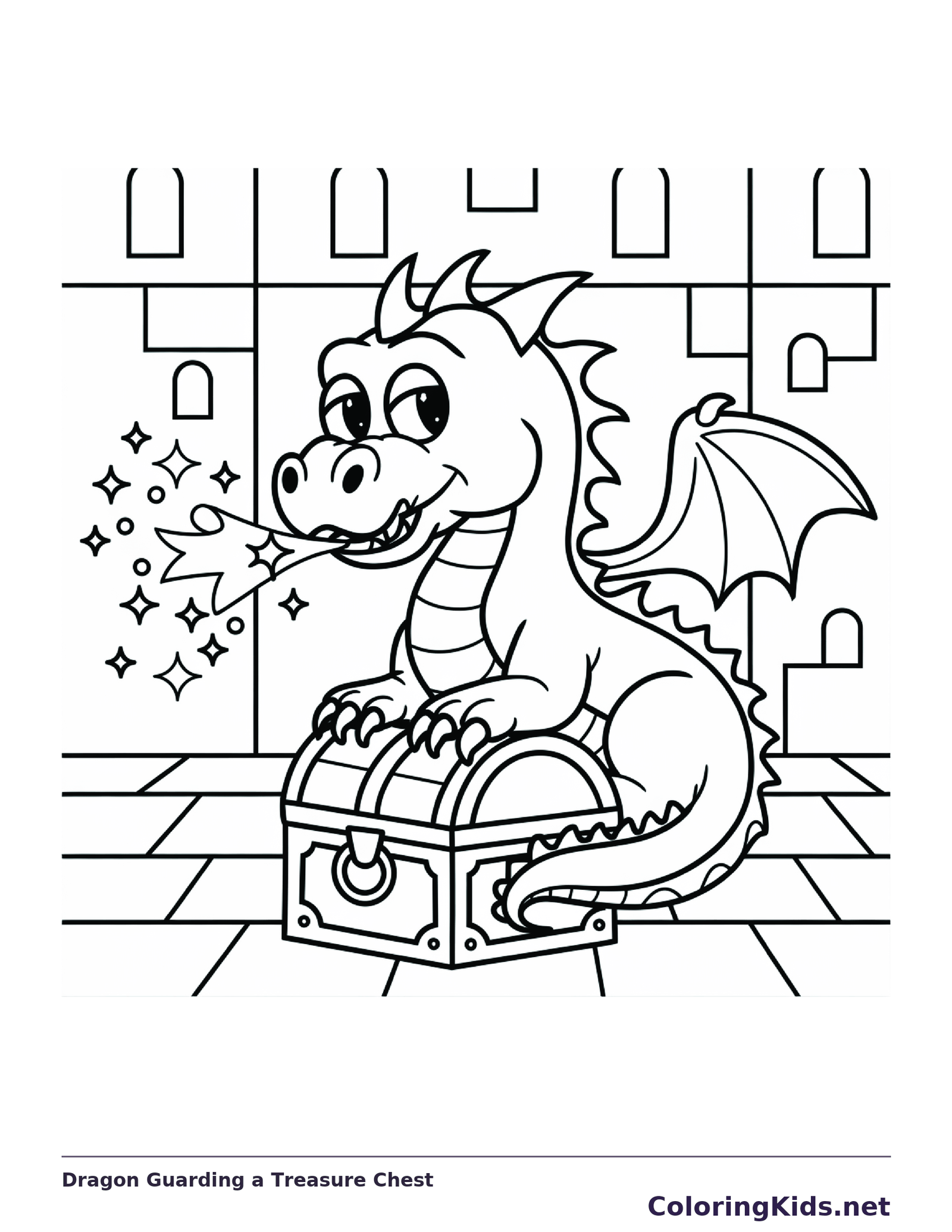 Dragon guarding treasure chest inside stone castle, black-and-white line art