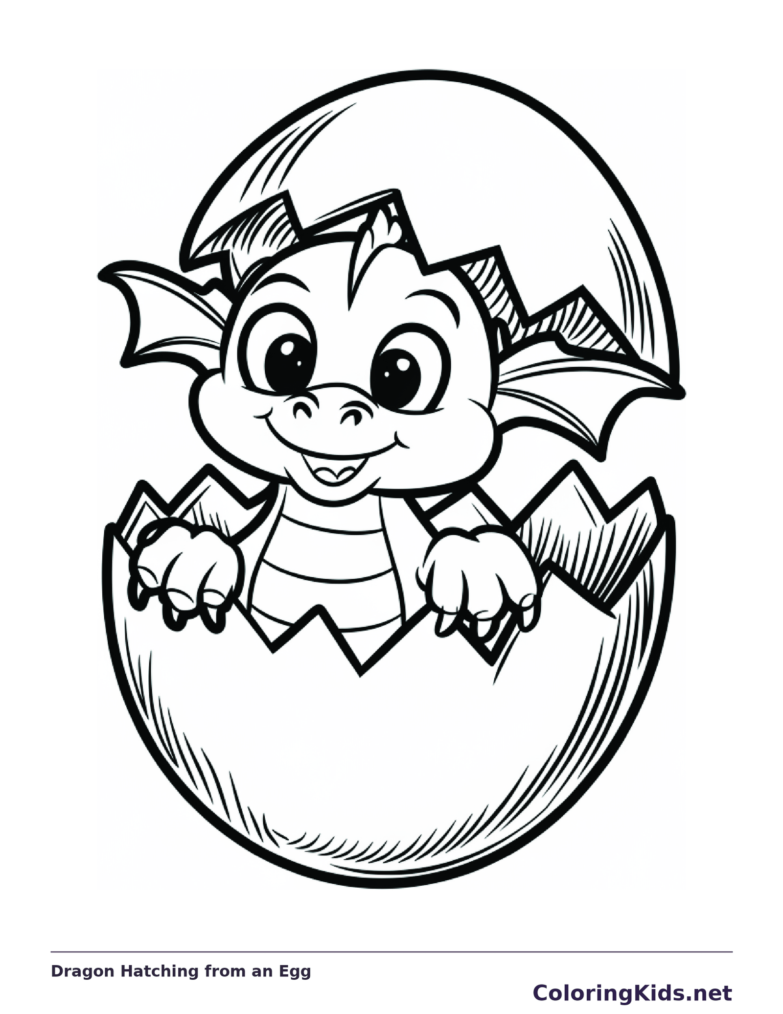 Baby dragon hatching from cracked egg, black-and-white line art