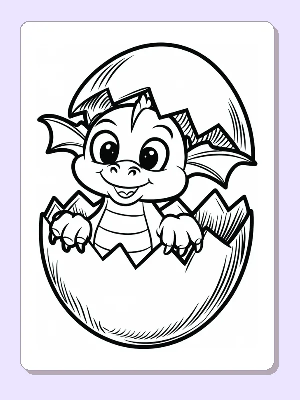 Baby dragon hatching from cracked egg, black-and-white line art