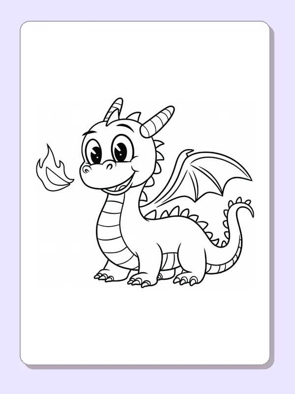 Little dragon breathing tiny flame, black-and-white line art