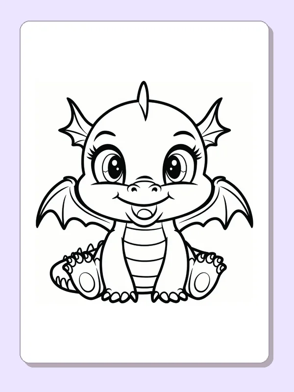 Front-facing smiling baby dragon with open wings, black-and-white line art