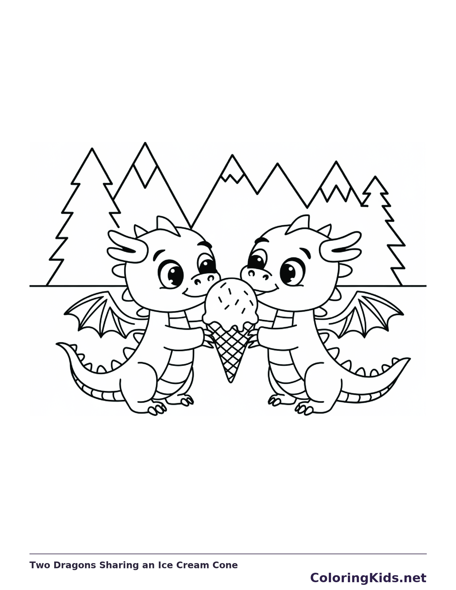 Two standing dragons sharing one ice-cream cone, black-and-white line art
