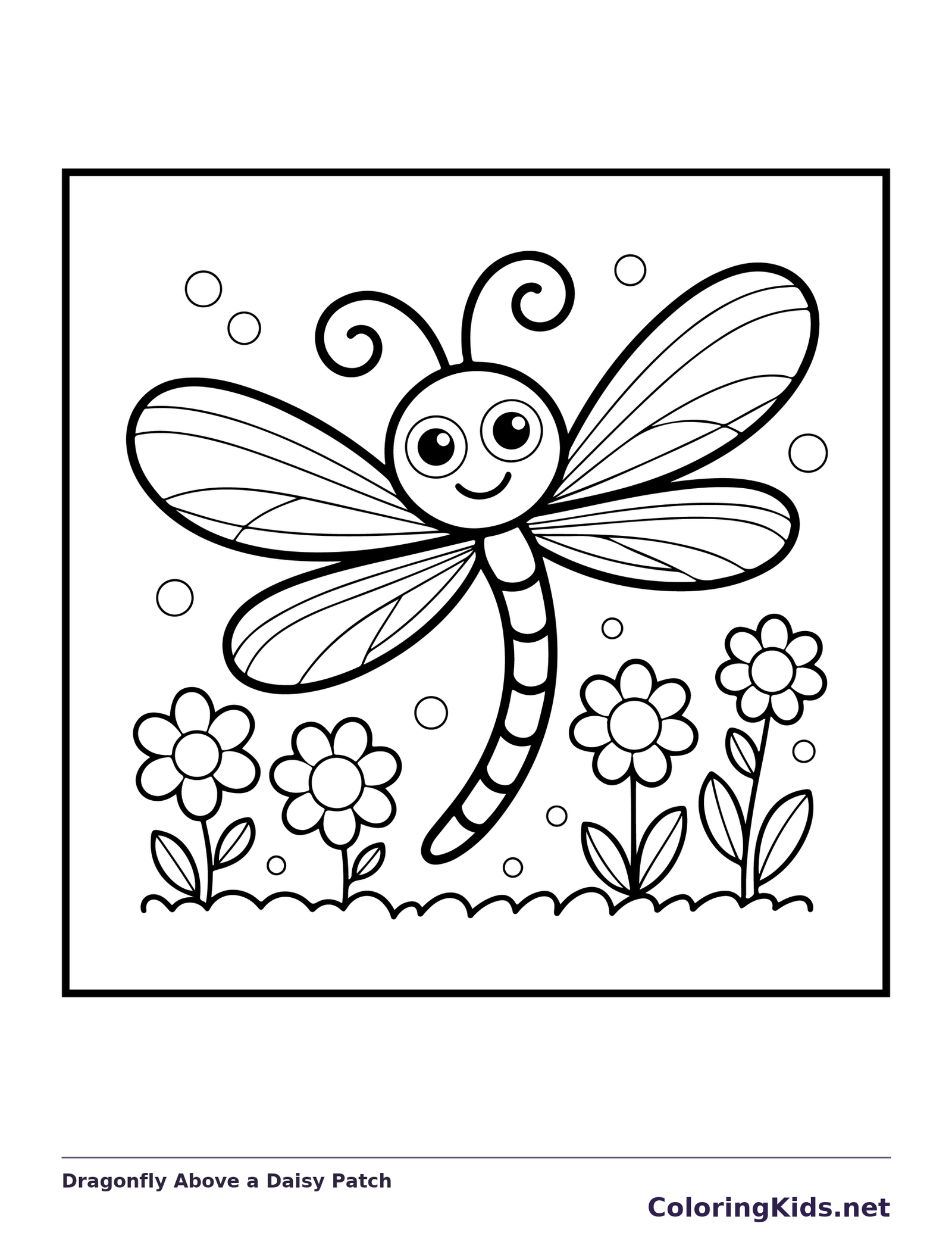 Black and white printable dragonfly above a daisy patch coloring sheet