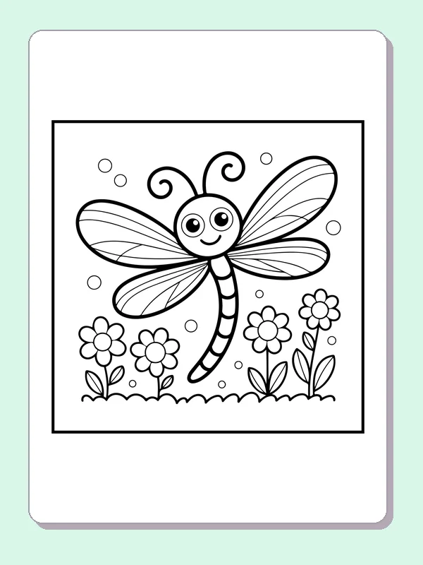 Black and white printable dragonfly above a daisy patch coloring sheet