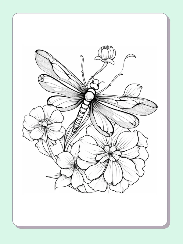 Black and white printable dragonfly among detailed garden flowers coloring sheet