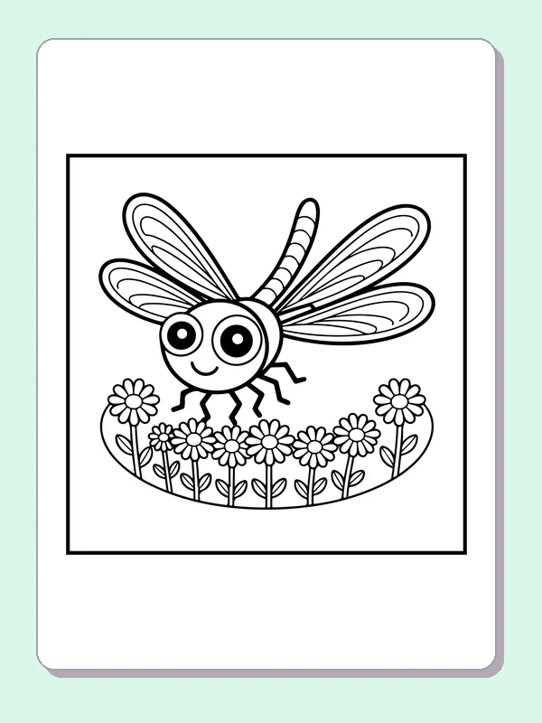 Black and white printable dragonfly among wide petals coloring sheet