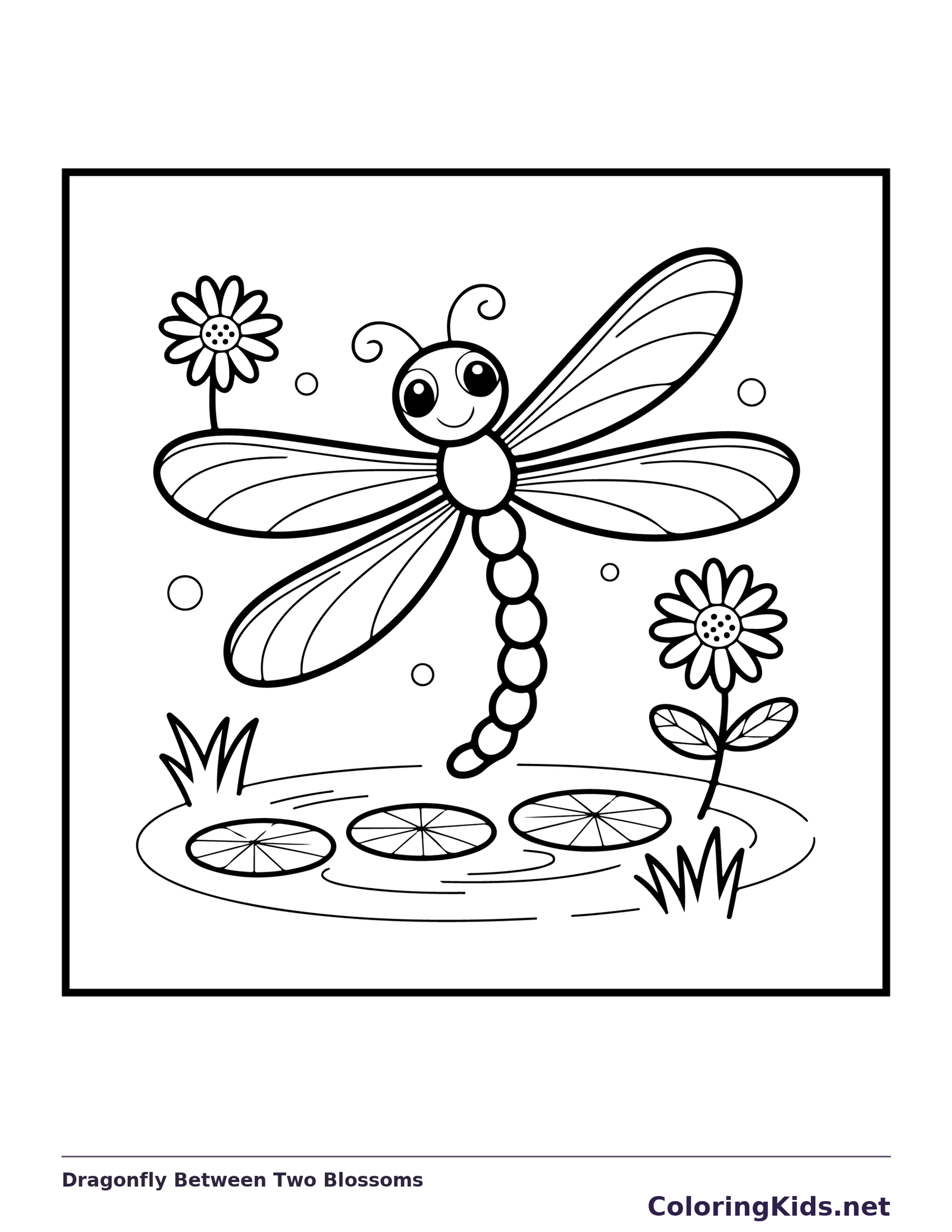 Black and white printable dragonfly between two blossoms coloring sheet