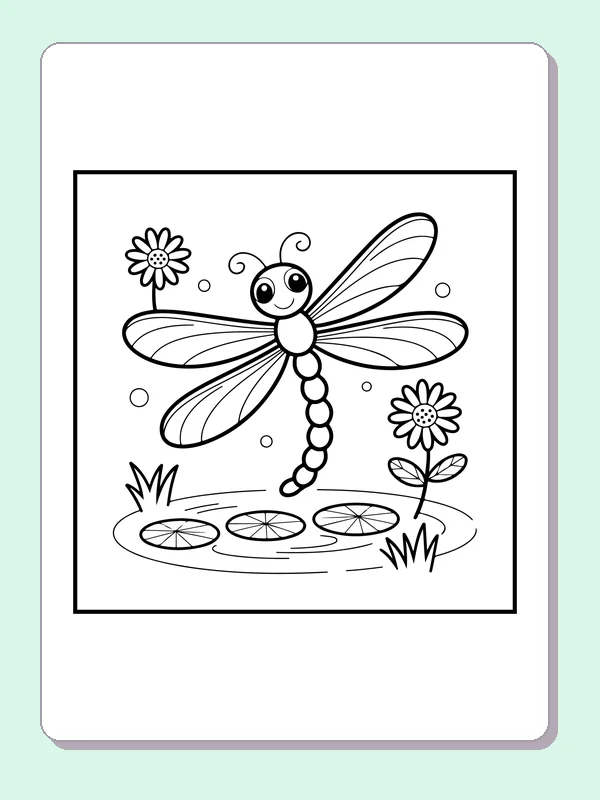 Black and white printable dragonfly between two blossoms coloring sheet