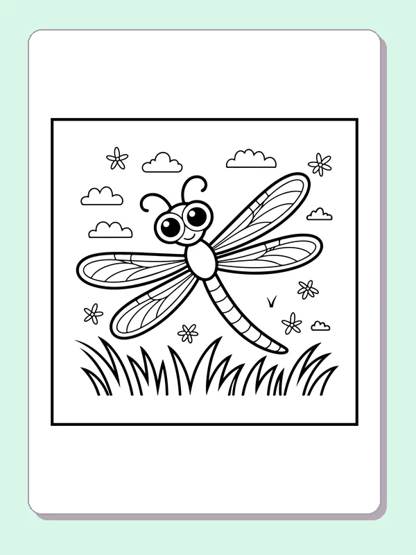 Black and white printable dragonfly crossing a grassy garden coloring sheet