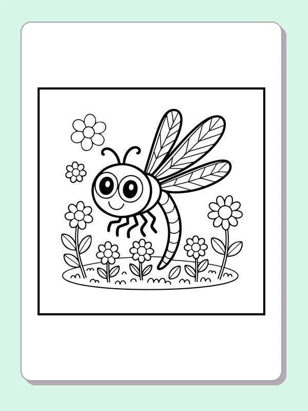 Black and white printable dragonfly flying through flower beds coloring sheet