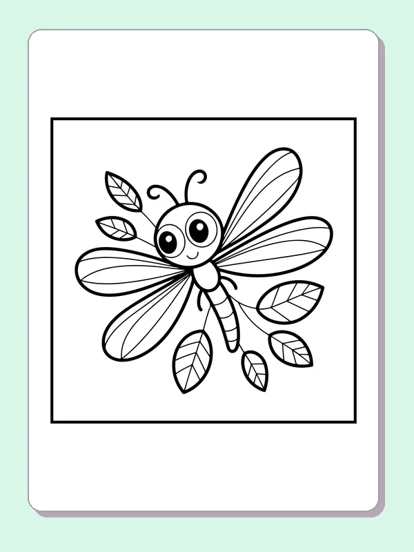 Black and white printable dragonfly framed by leaves coloring sheet