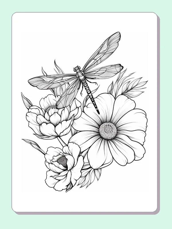 Black and white printable dragonfly over a daisy bouquet coloring sheet