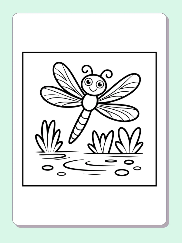 Black and white printable dragonfly over a little pond coloring sheet